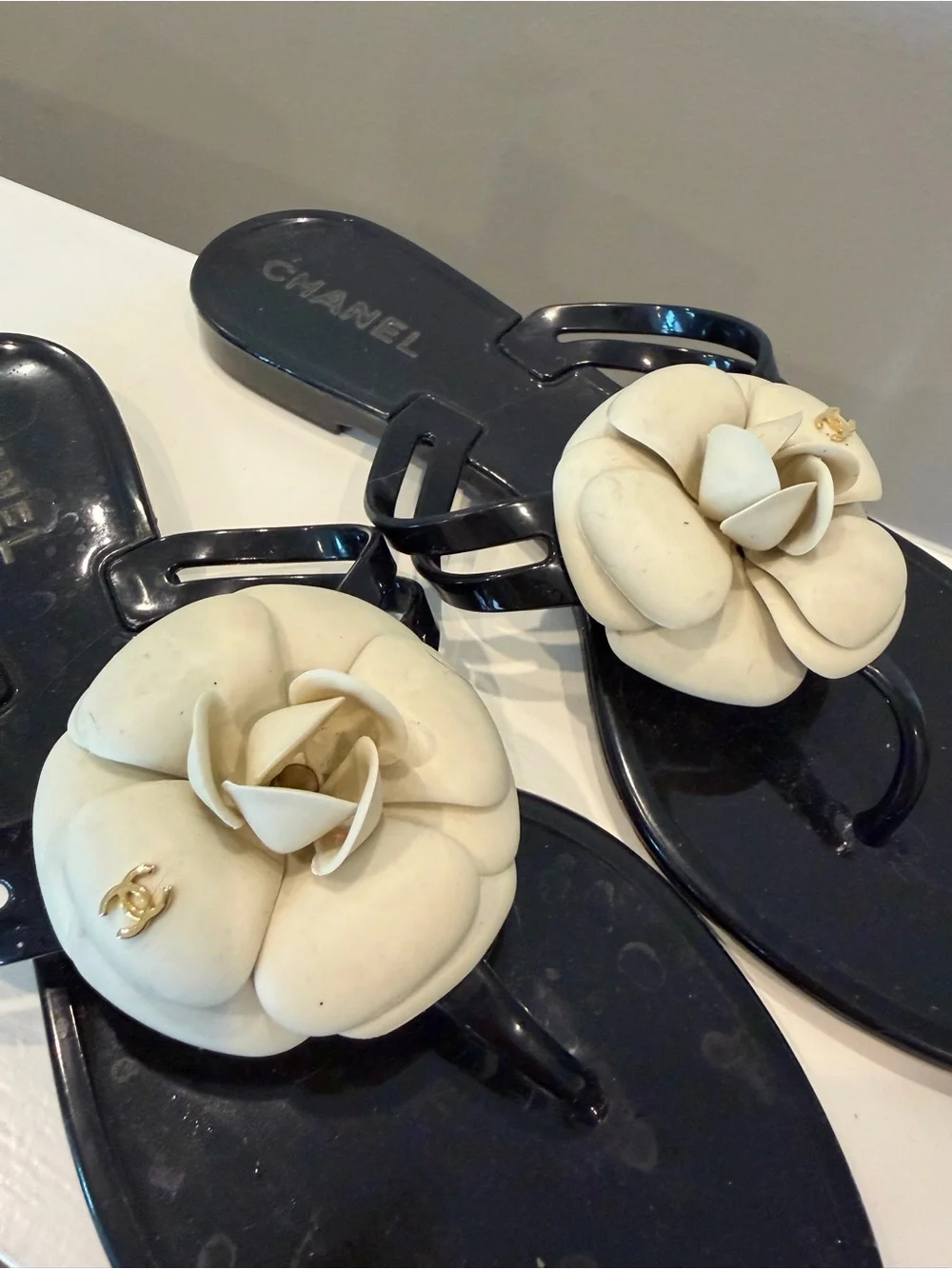 Chanel Black Jelly Camellia Thong Sandals